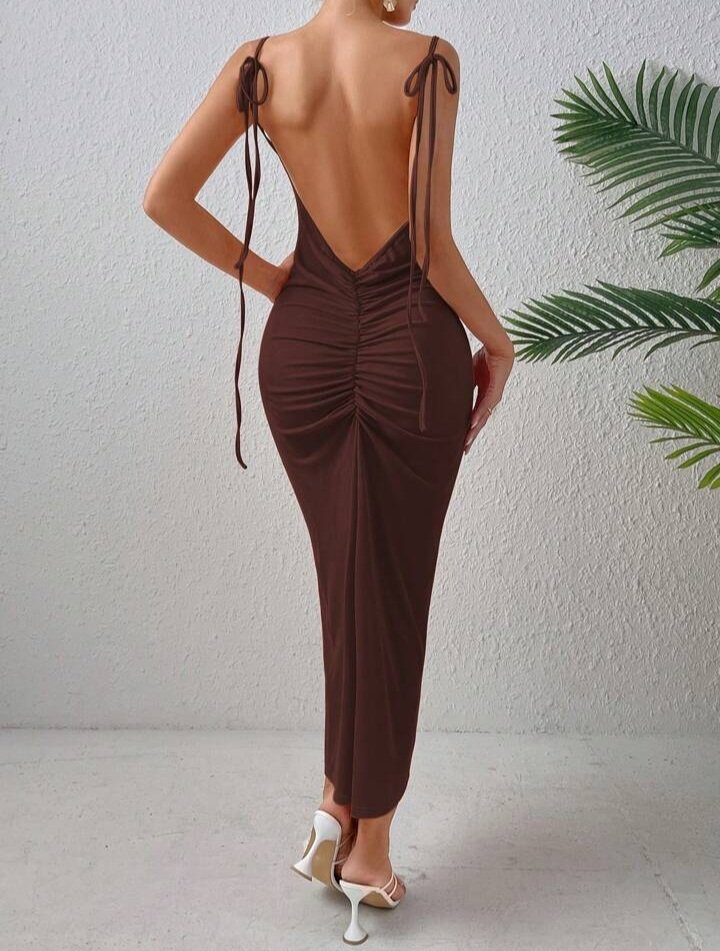 Shoulder Backless Ruched Cami Dress Brown | Cindie Clothing